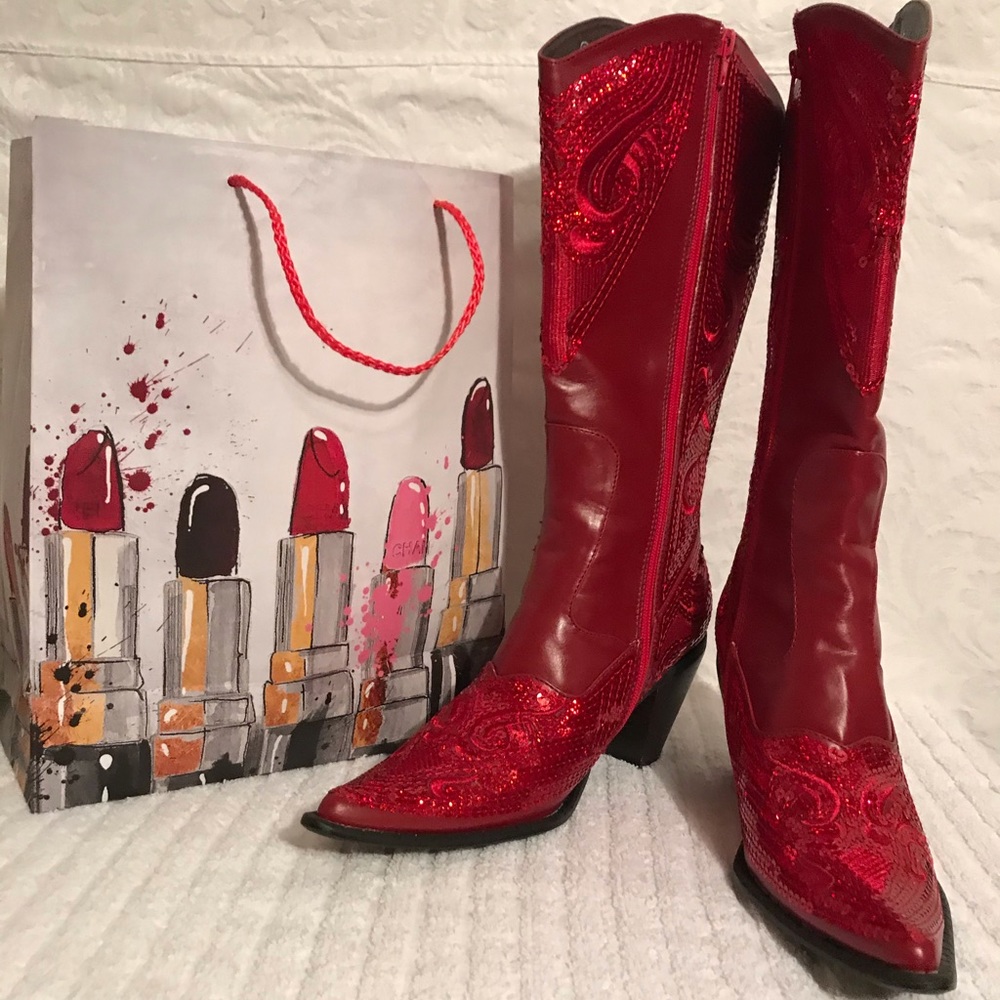 Red Sequin Cowgirl Cowboy Boots. Valentine’s Day!